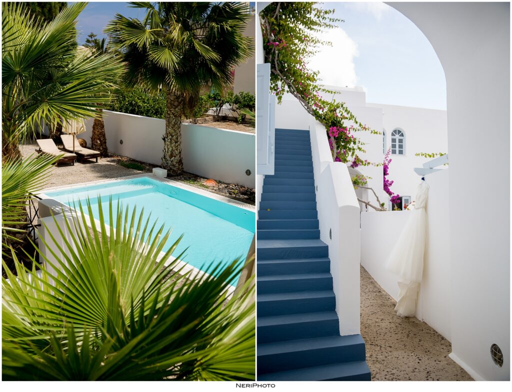 Santorini destination wedding couple walking through white buildings
