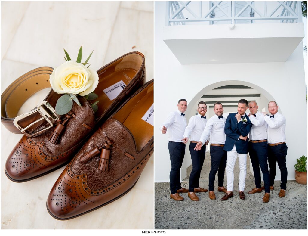 Santorini destination wedding couple walking through white buildings