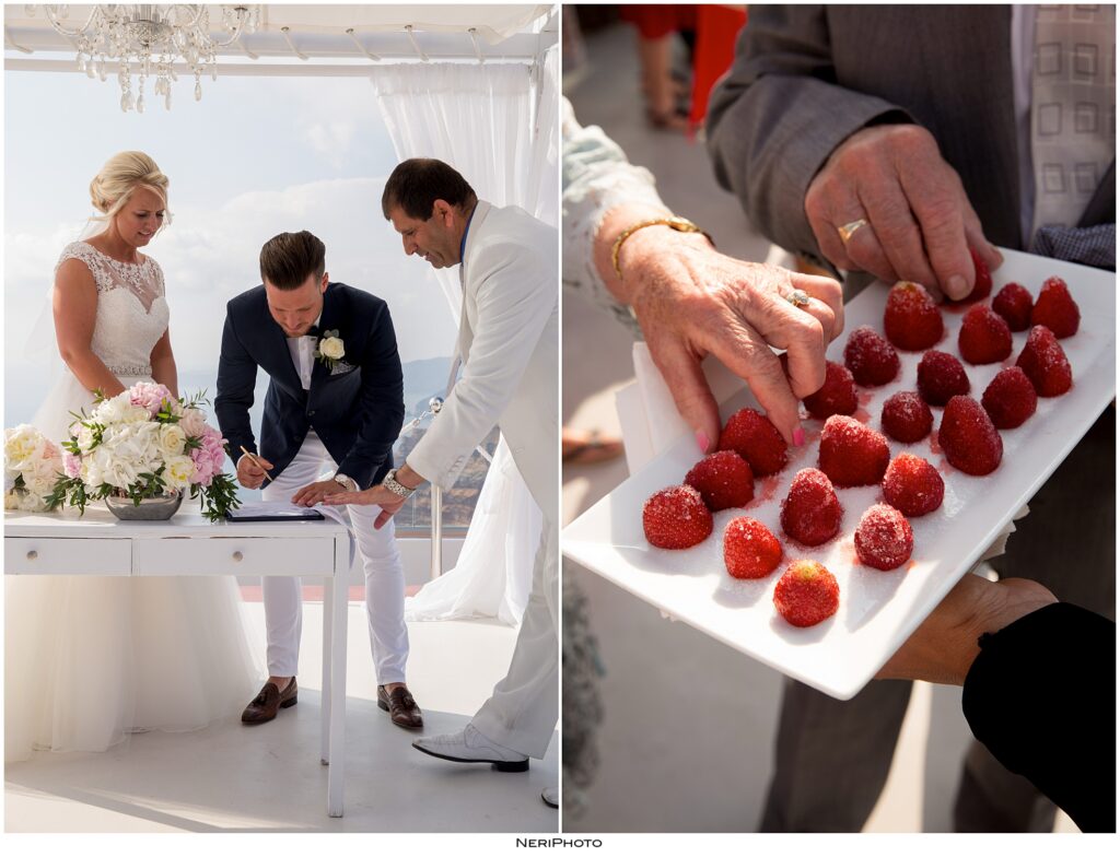 Bride and groom signing the marriage certificate at santorini gem wedding